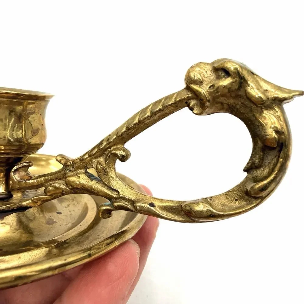 Vintage Brass Finger Loop Chamber Taper Candlestick Holder Dragon Design